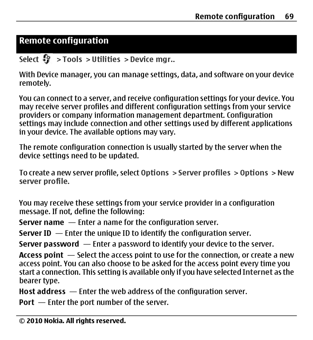 Nokia X500 manual Remote configuration, Select Tools Utilities Device mgr 