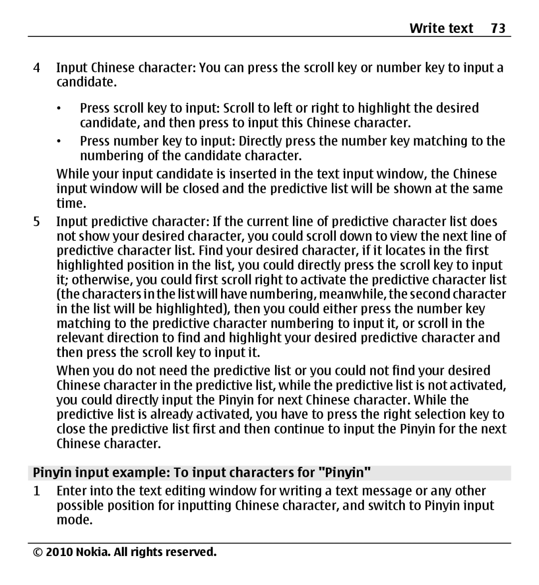 Nokia X500 manual Pinyin input example To input characters for Pinyin 