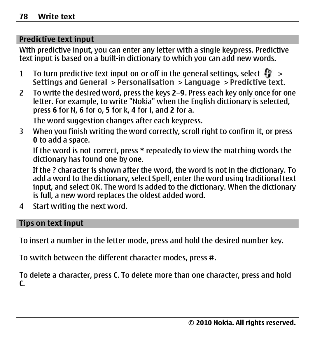 Nokia X500 manual Write text Predictive text input, Tips on text input 