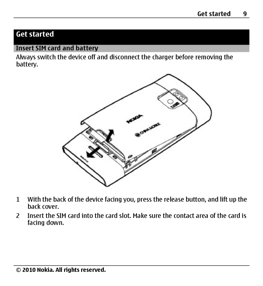 Nokia X500 manual Get started, Insert SIM card and battery 