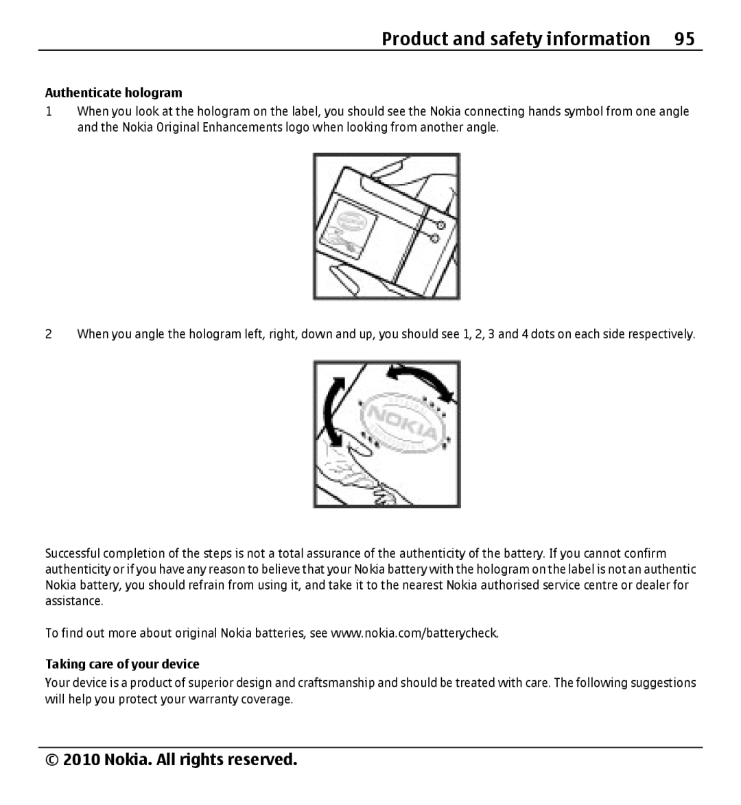 Nokia X500 manual Authenticate hologram, Taking care of your device 