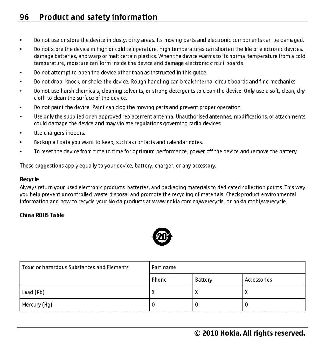 Nokia X500 manual Recycle China Rohs Table 