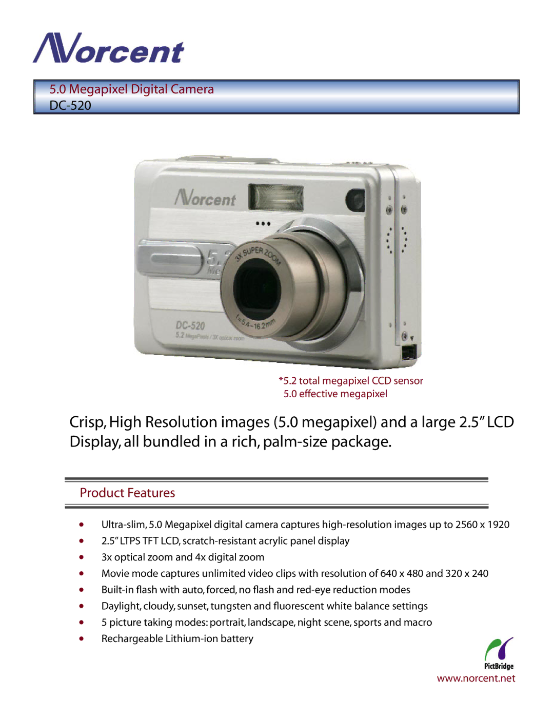 Norcent Technologies manual Megapixel Digital Camera DC-520, Product Features 