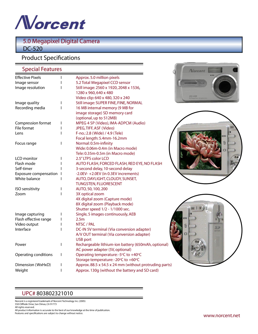 Norcent Technologies DC-520 manual Product Speciﬁcations, Special Features, Upc# 