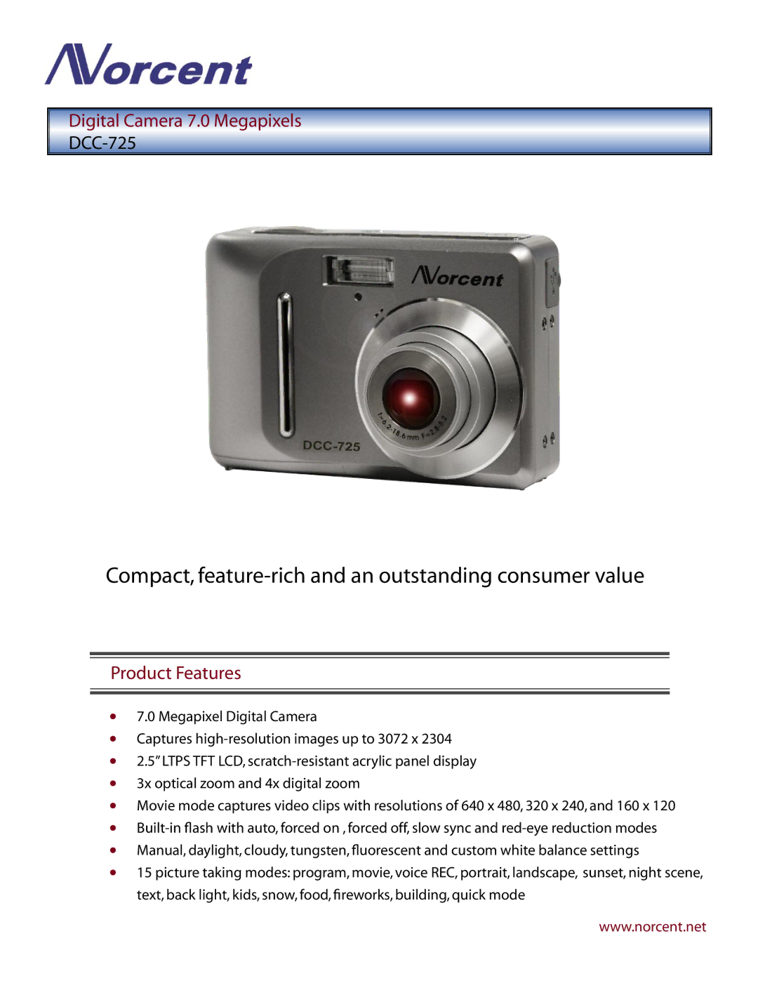 Norcent Technologies DCC-725 manual Compact, feature-rich and an outstanding consumer value, Digital Camera 7.0 Megapixels 