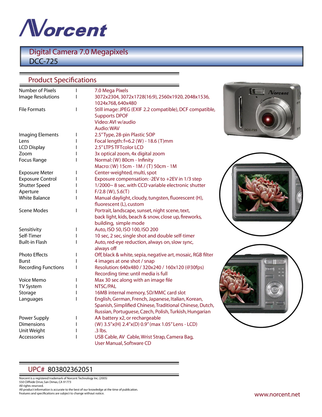 Norcent Technologies DCC-725 manual Product Speciﬁcations, Upc#, Ntsc/Pal 