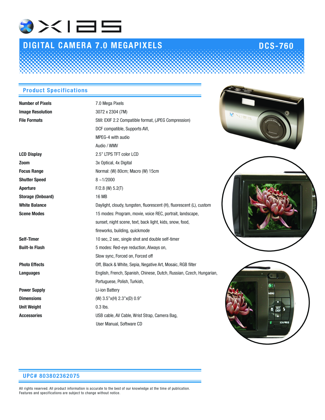 Norcent Technologies DCS-760 manual DIGITAL CAMERA 7 . 0 MEGAPIXELS, Product Specifications, Upc#Upc# 