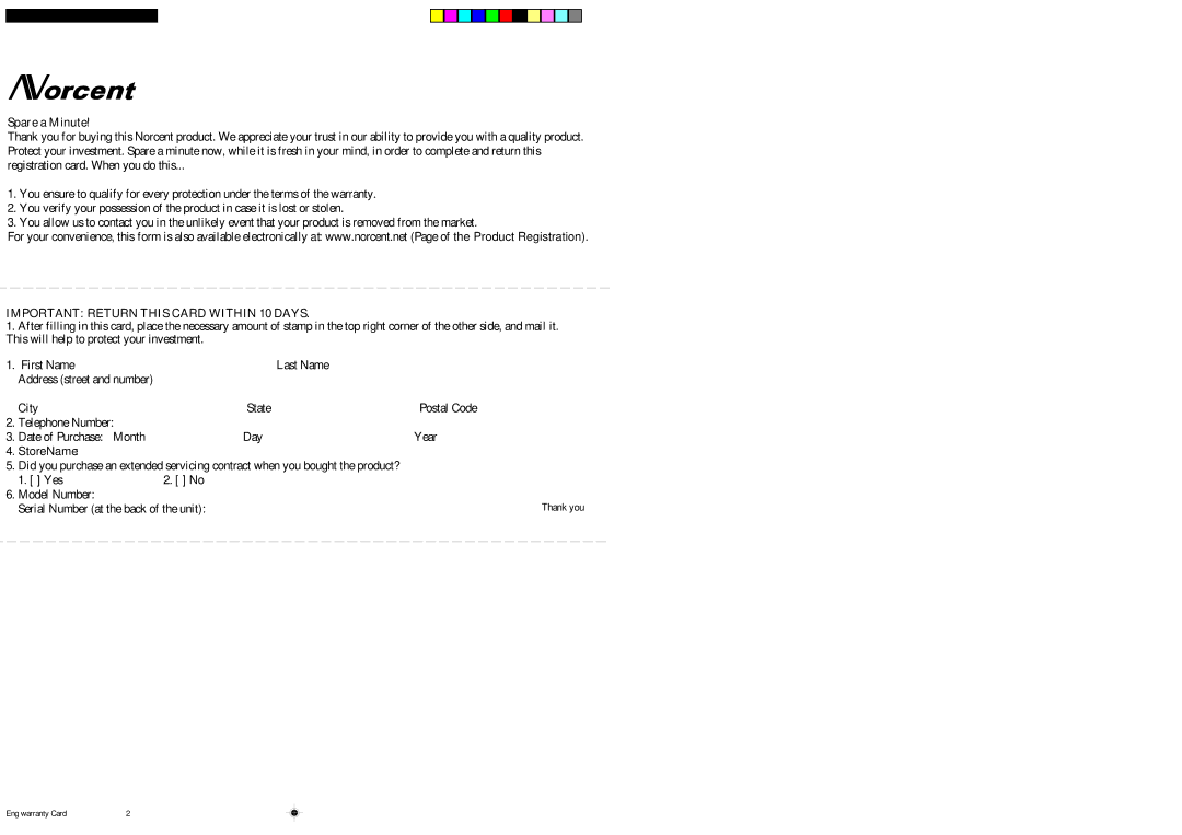 Norcent Technologies DP315 manual Important Return this Card Within 10 Days 