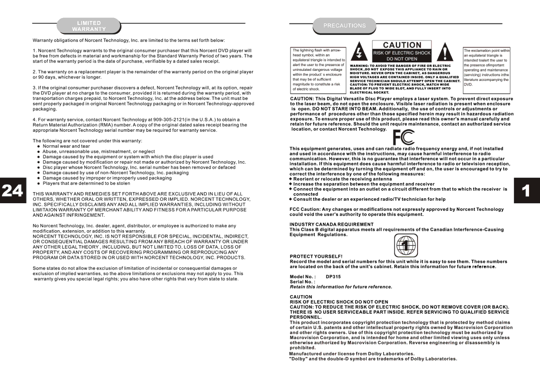 Norcent Technologies DP315 manual 