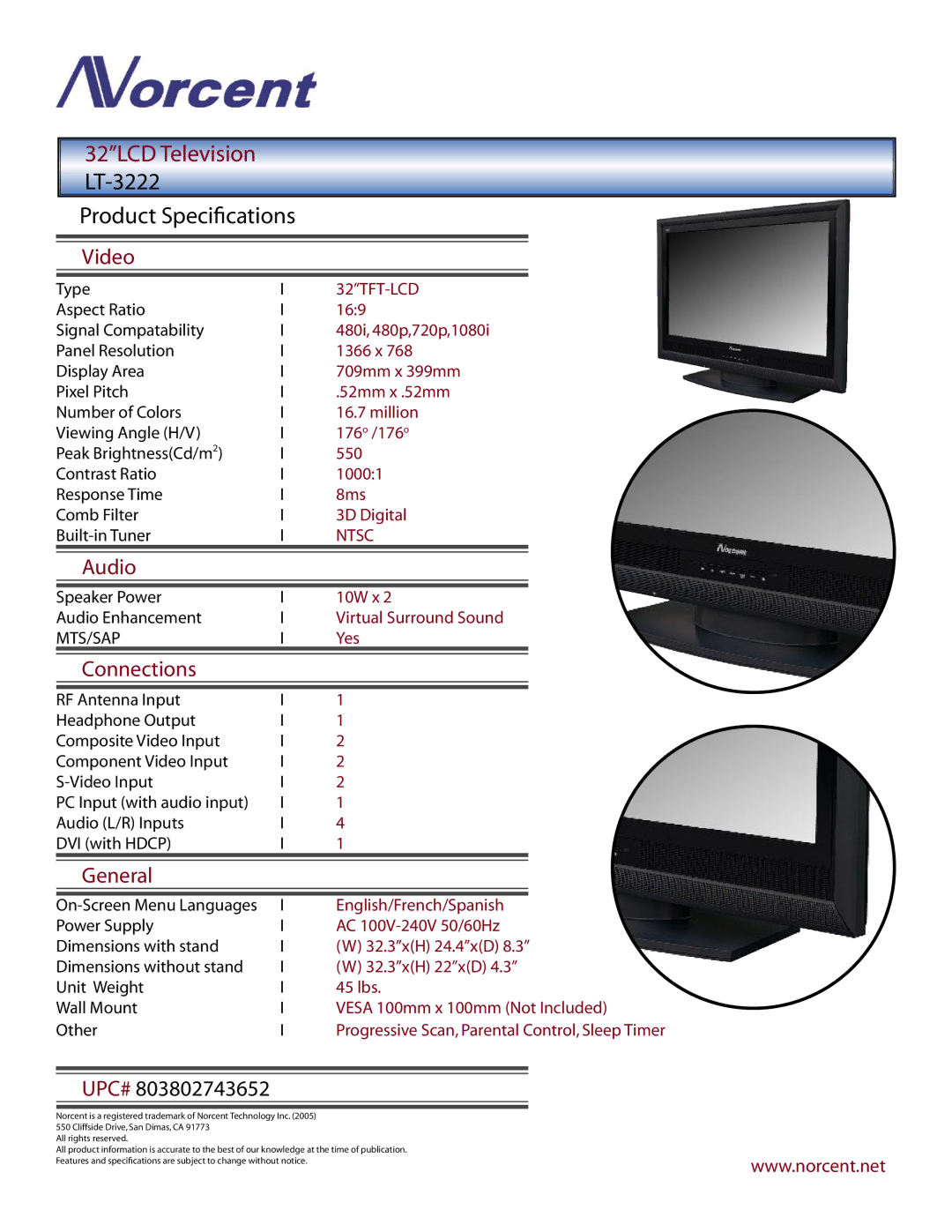 Norcent Technologies LT-3222 manual Product Speciﬁcations, Video, Audio, Connections, General 