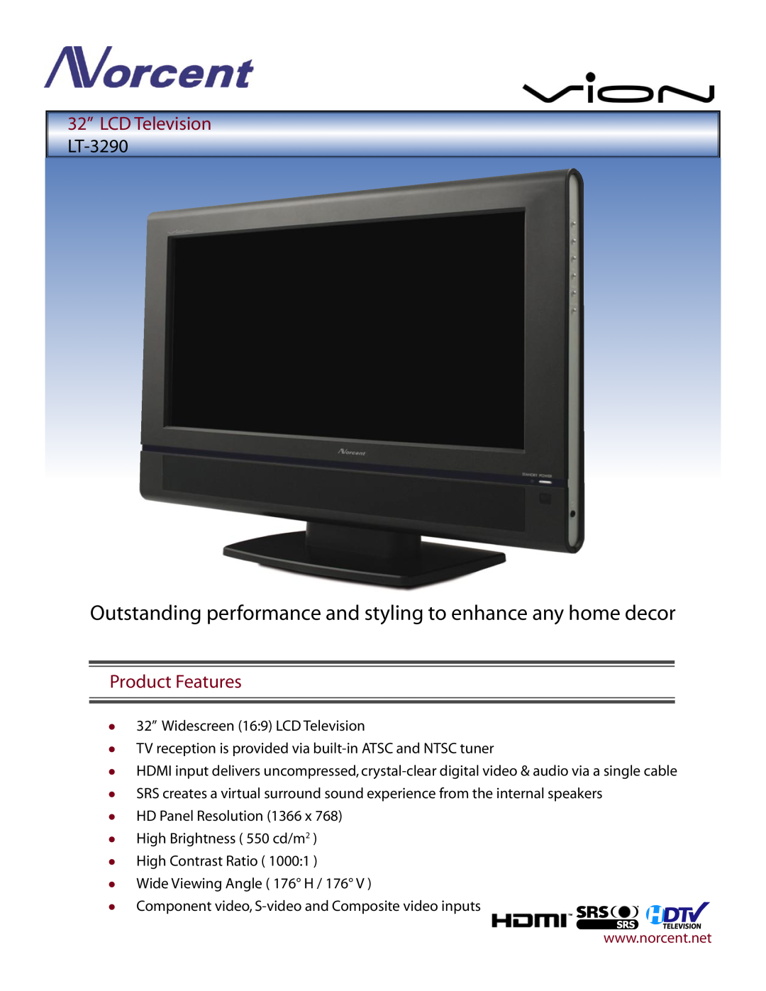 Norcent Technologies LT-3290 manual 32” LCD Television, Product Features 
