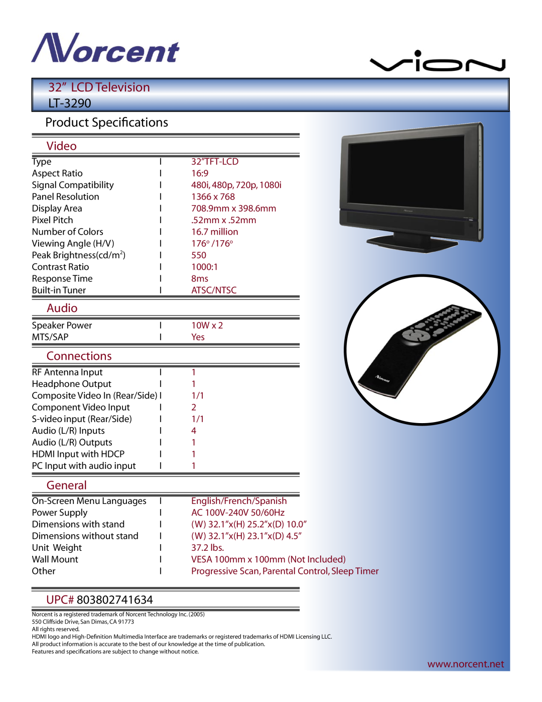 Norcent Technologies LT-3290 manual Product Speciﬁcations, 32” LCD Television, Video, Audio, Connections, General, Upc# 