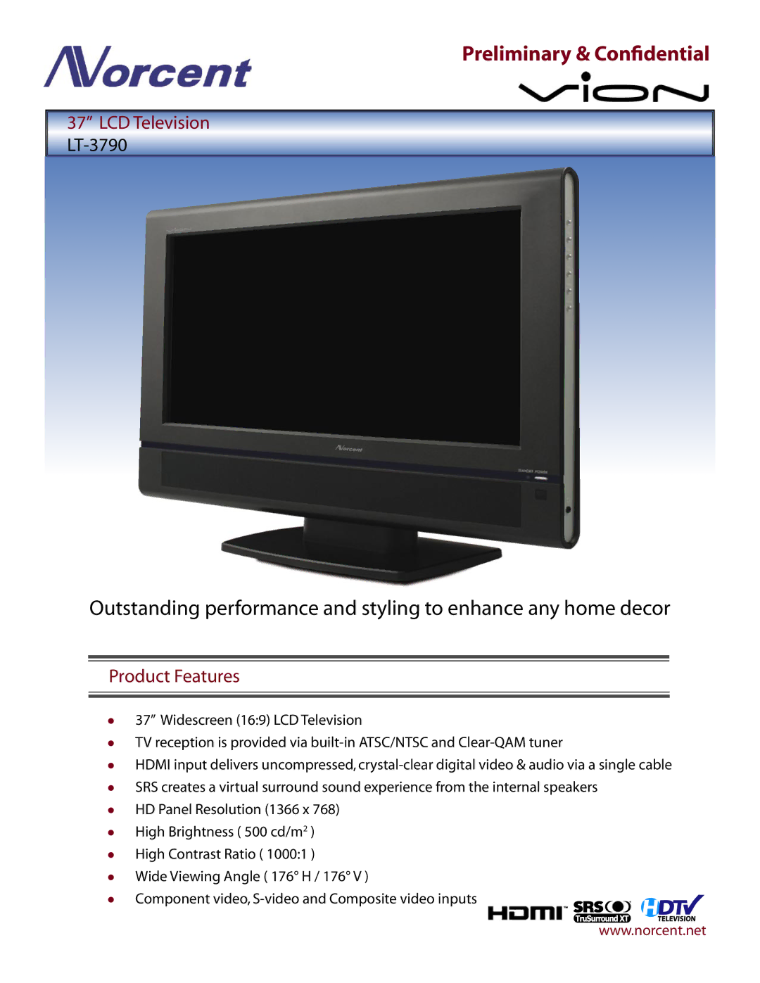 Norcent Technologies LT-3790 manual Preliminary & Conﬁdential, LCD Television, Product Features 