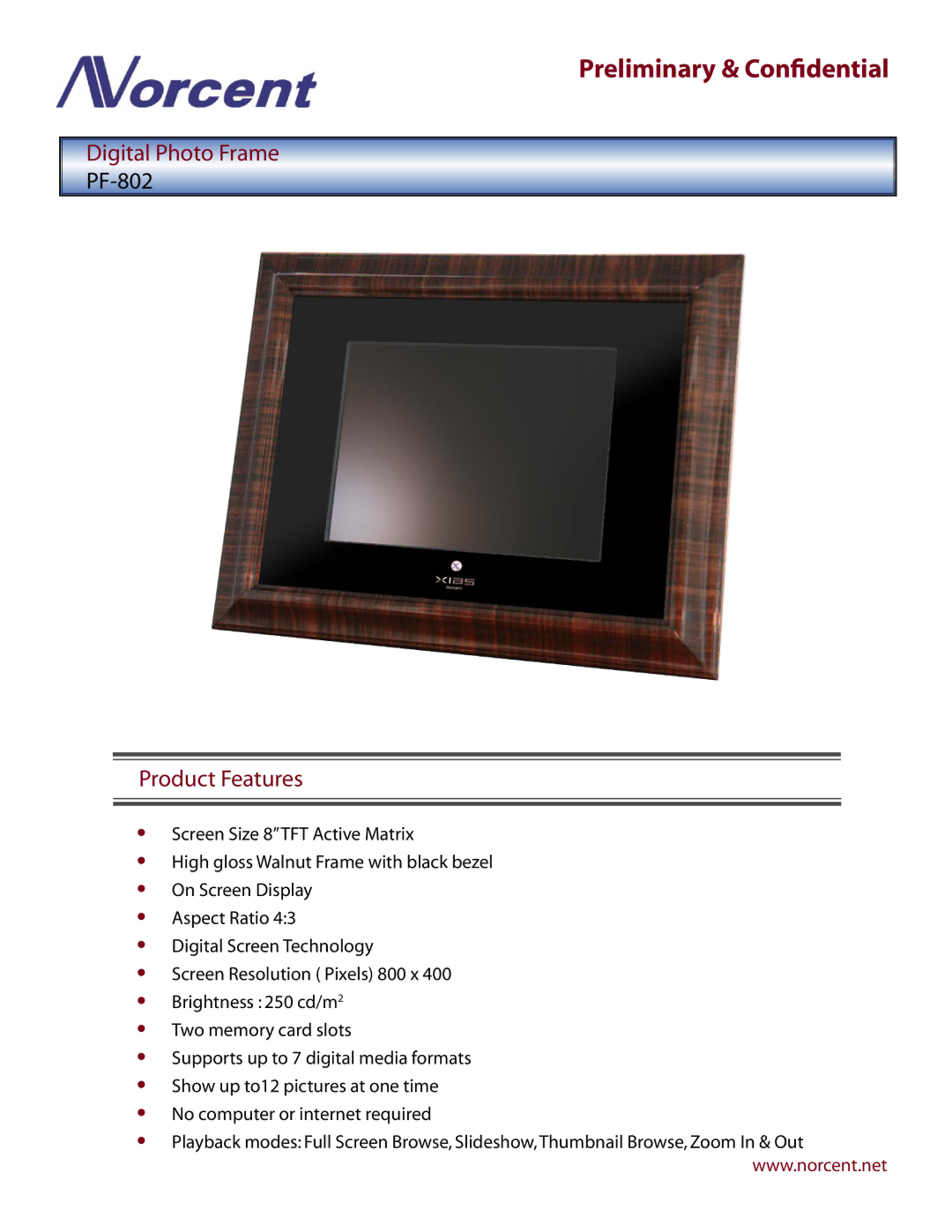 Norcent Technologies PF-802 manual Preliminary & Conﬁdential, Digital Photo Frame, Product Features 