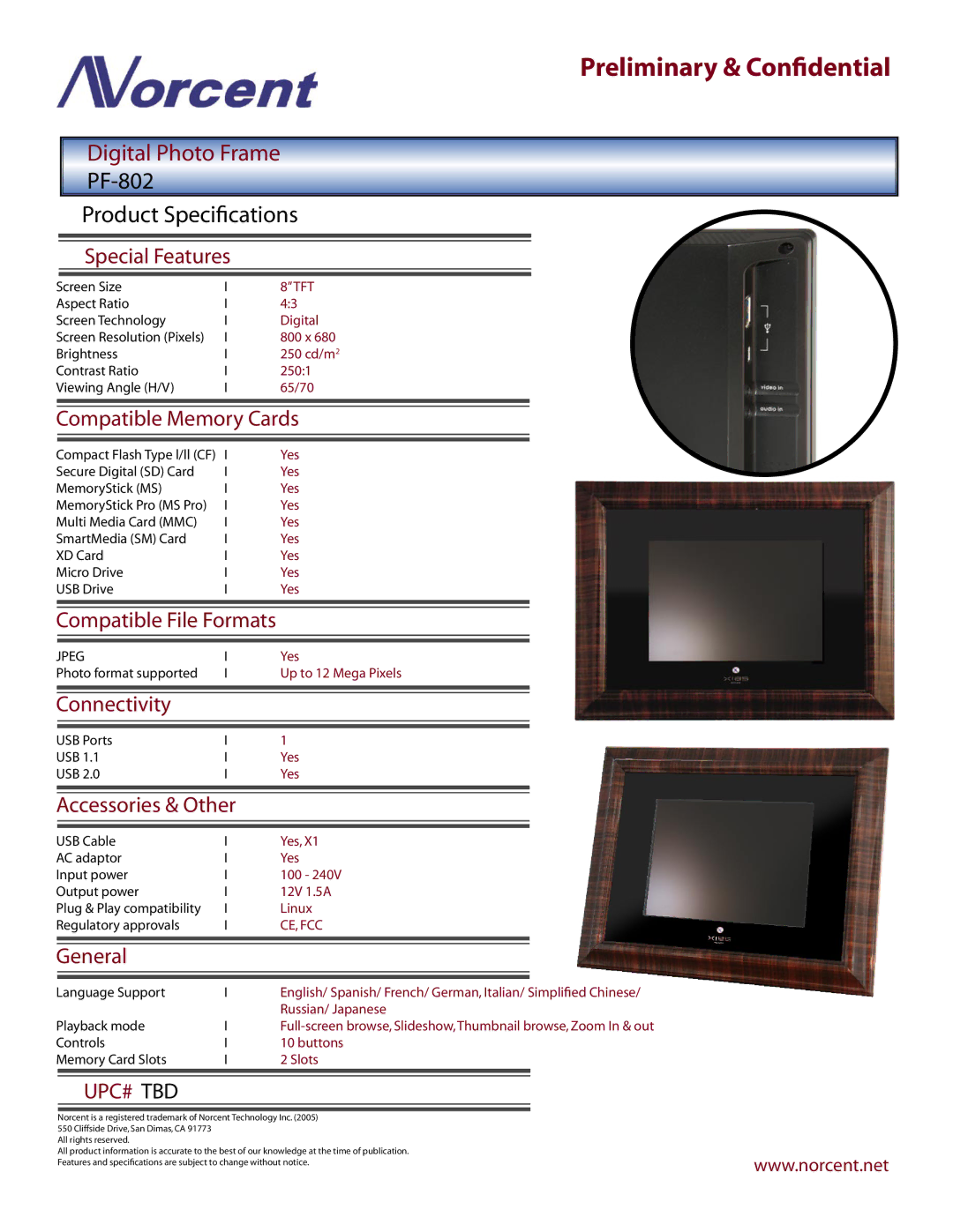 Norcent Technologies manual PF-802 Product Speciﬁcations, Upc# Tbd 