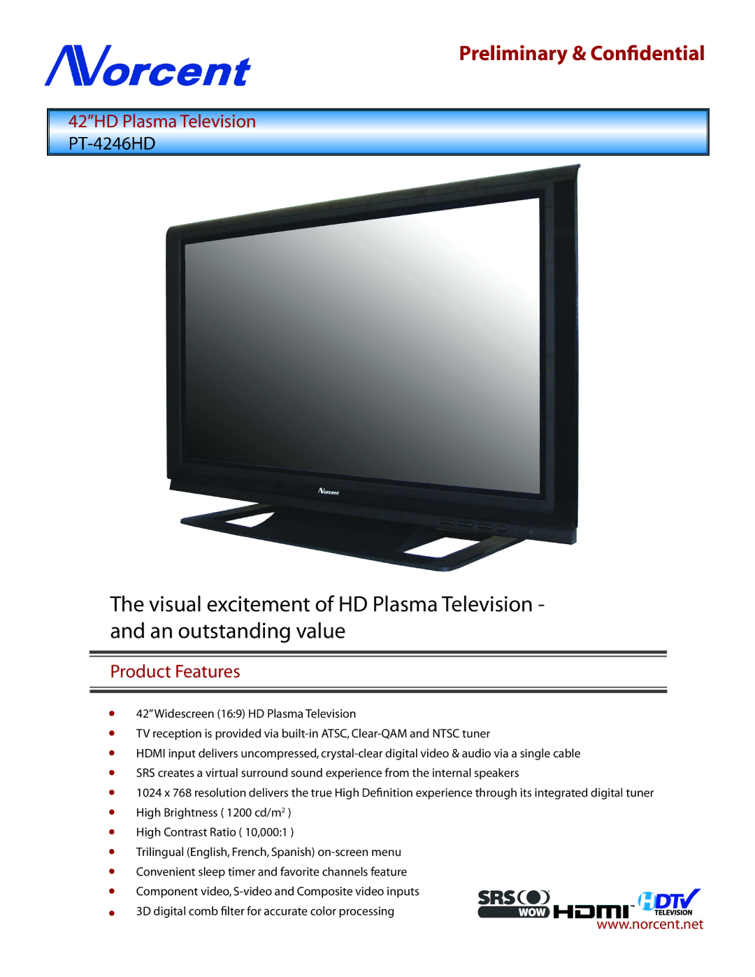 Norcent Technologies PT-4246HD manual 42HD Plasma Television, Product Features 