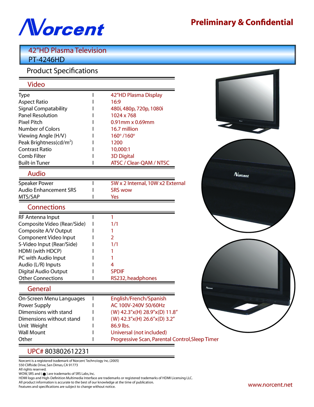 Norcent Technologies PT-4246HD manual Product Speciﬁcations, Video, Audio, Connections, General 