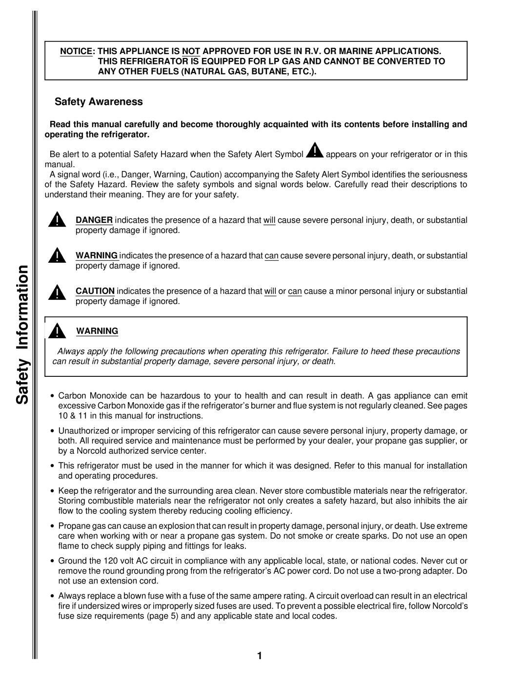 Norcold 1082 manual Safety Information, Safety Awareness 