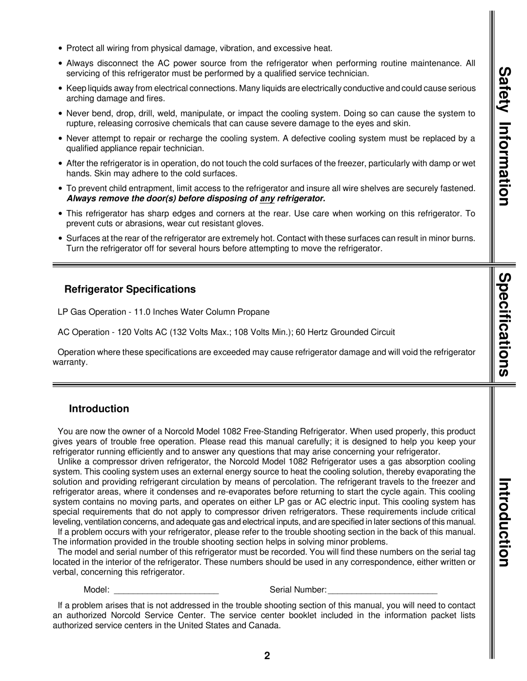 Norcold 1082 manual Refrigerator Specifications, Introduction 