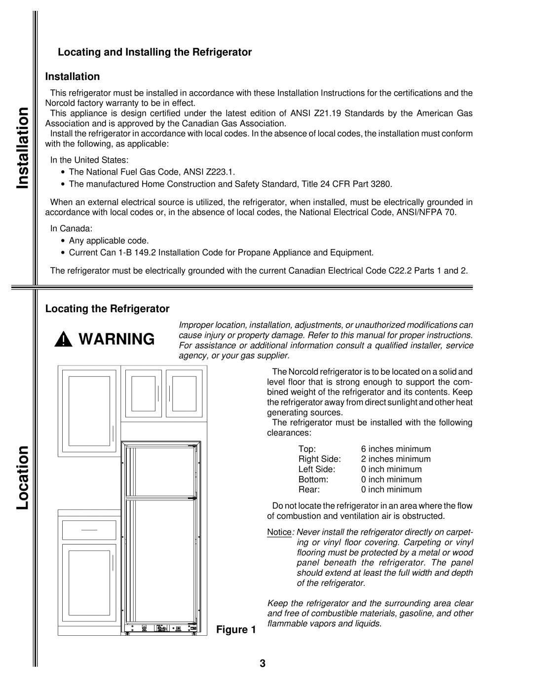 Norcold 1082 manual Location, Locating and Installing the Refrigerator Installation, Locating the Refrigerator 