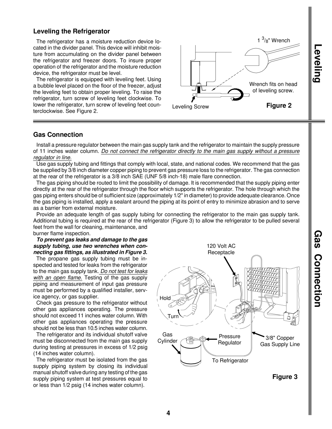 Norcold 1082 manual Leveling the Refrigerator, Gas Connection 