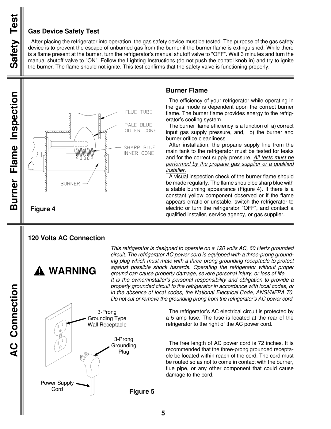 Norcold 1082 manual Gas Device Safety Test, Burner Flame, Volts AC Connection 