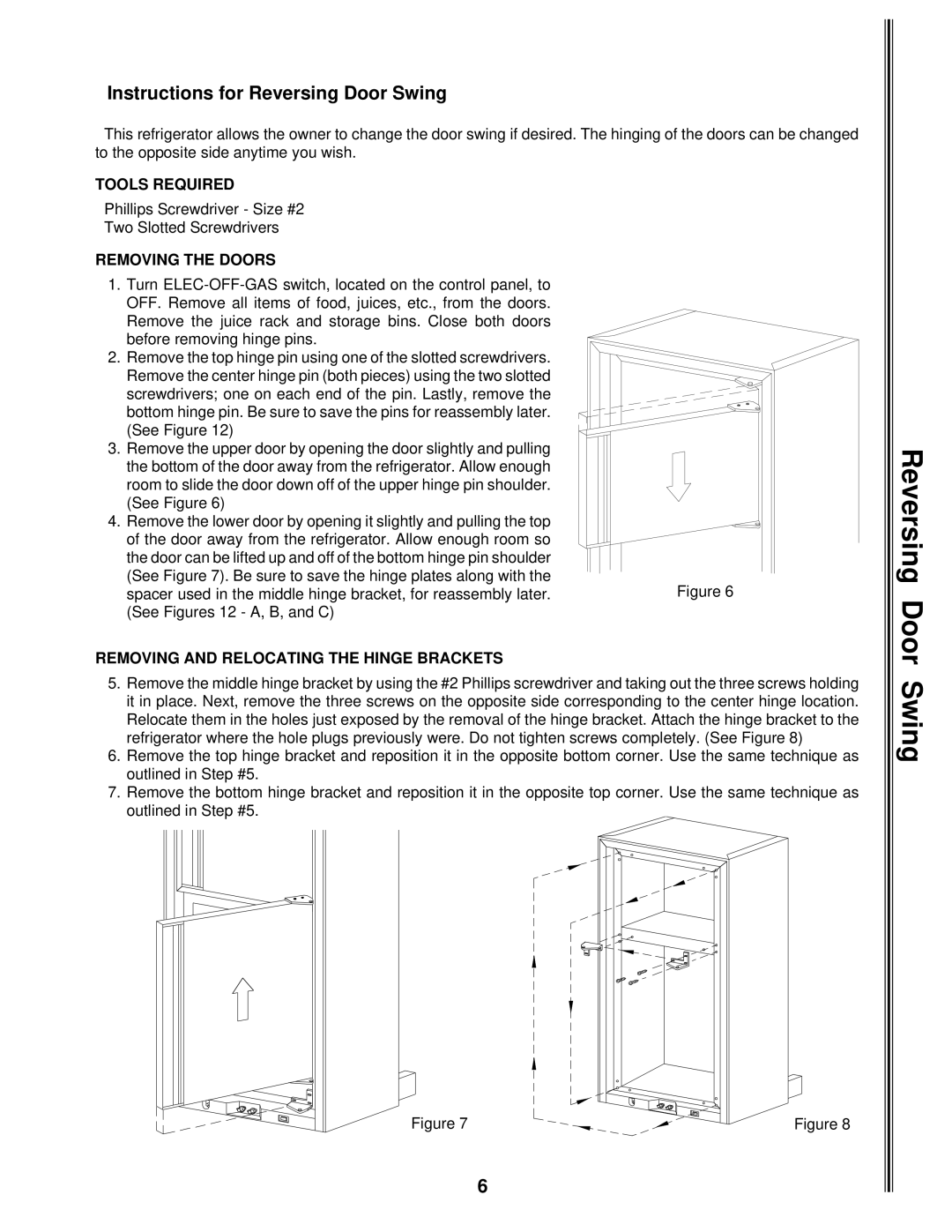 Norcold 1082 manual Instructions for Reversing Door Swing 