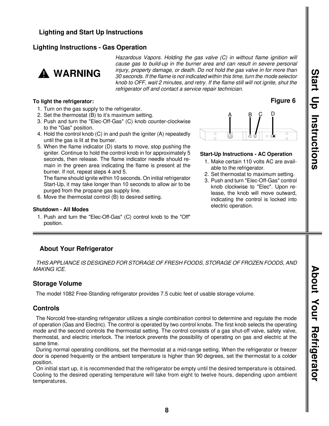 Norcold 1082 manual Start, Up Instructions, About Your Refrigerator, Storage Volume, Controls 