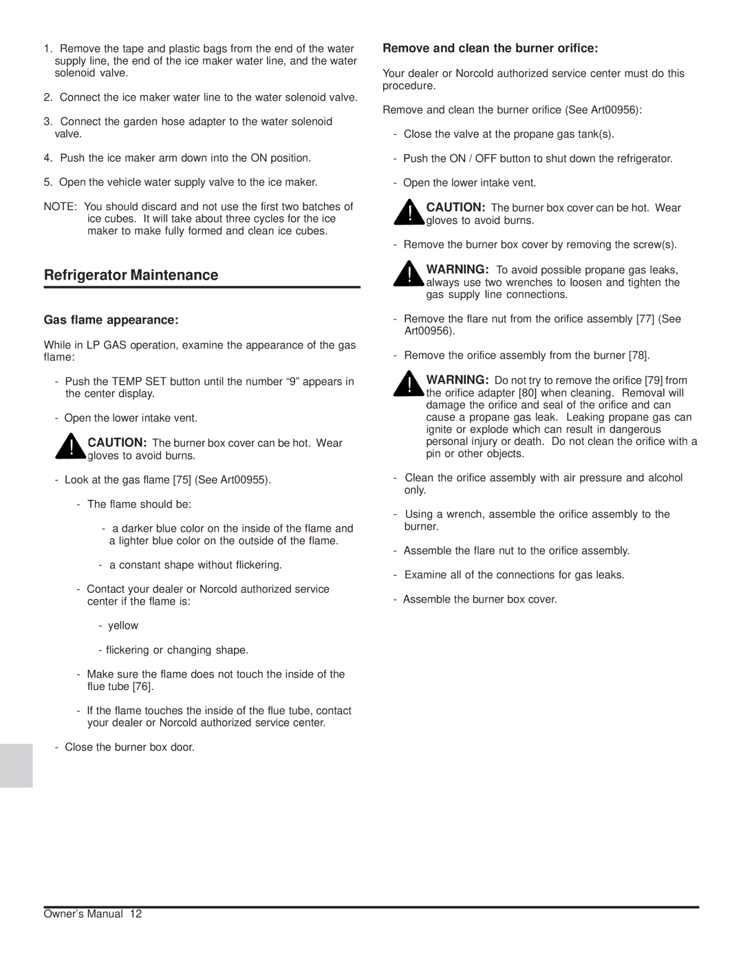 Norcold 120X-IMXX, 1200XX owner manual Refrigerator Maintenance, Gas flame appearance, Remove and clean the burner orifice 