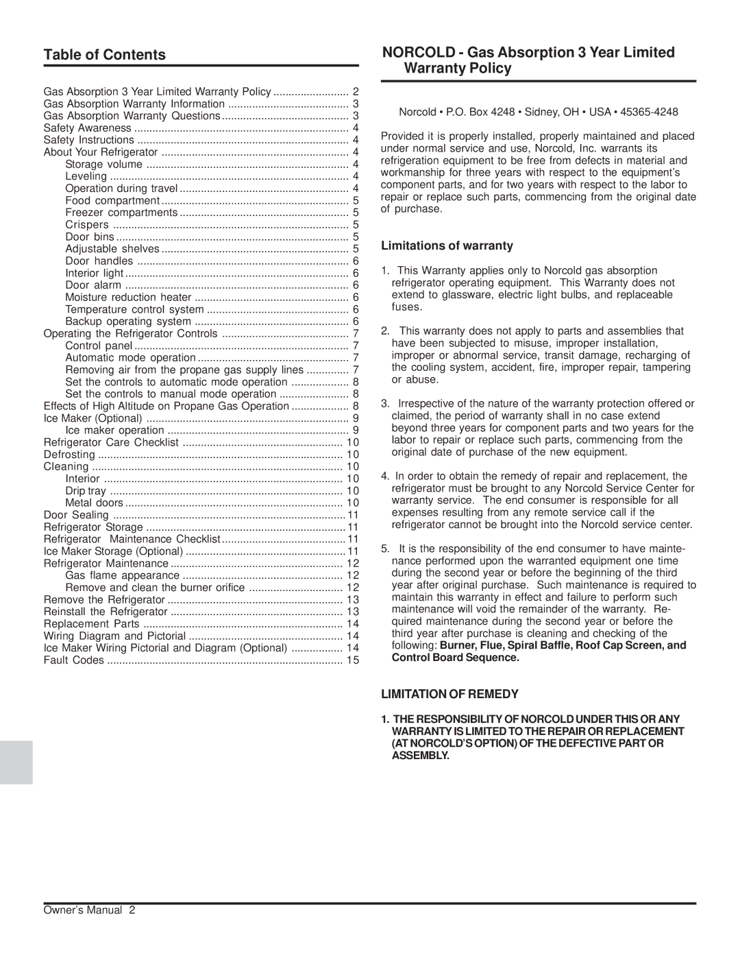 Norcold 120X-IMXX, 1200XX owner manual Table of Contents, Norcold Gas Absorption 3 Year Limited Warranty Policy 