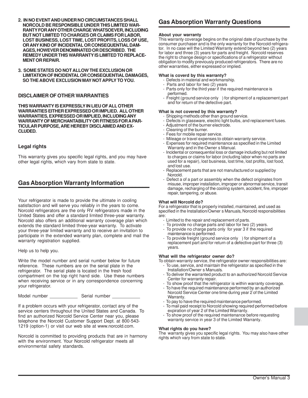 Norcold 1200XX, 120X-IMXX owner manual Gas Absorption Warranty Information, Gas Absorption Warranty Questions, Legal rights 