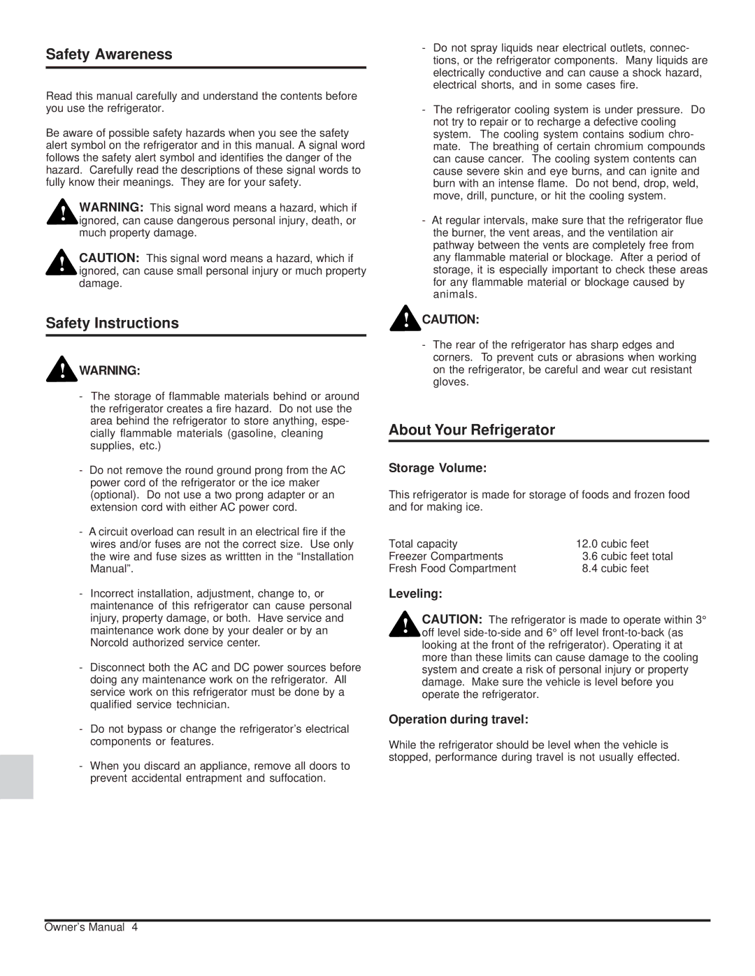 Norcold 120X-IMXX, 1200XX owner manual Safety Awareness, Safety Instructions, About Your Refrigerator, Storage Volume 