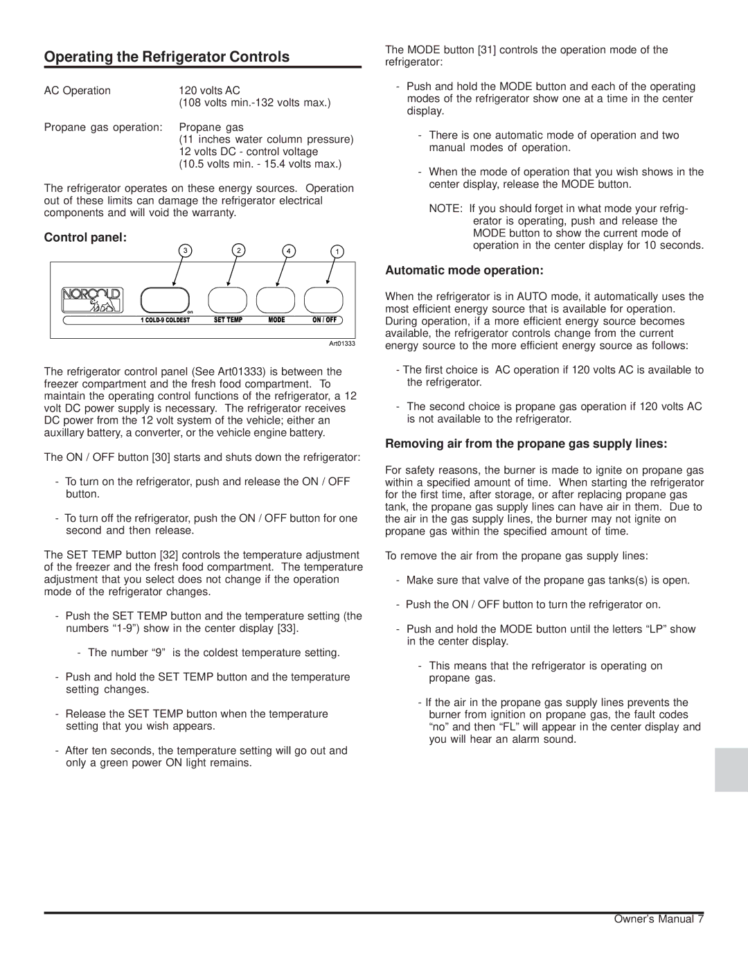 Norcold 1200XX, 120X-IMXX owner manual Operating the Refrigerator Controls, Control panel, Automatic mode operation 