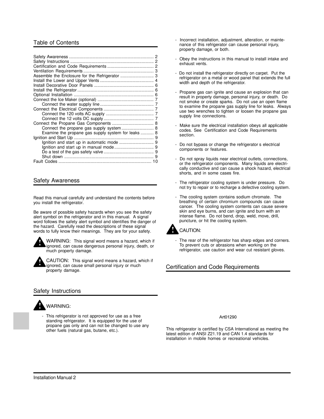 Norcold 120x Table of Contents, Safety Awareness, Safety Instructions, Certification and Code Requirements 