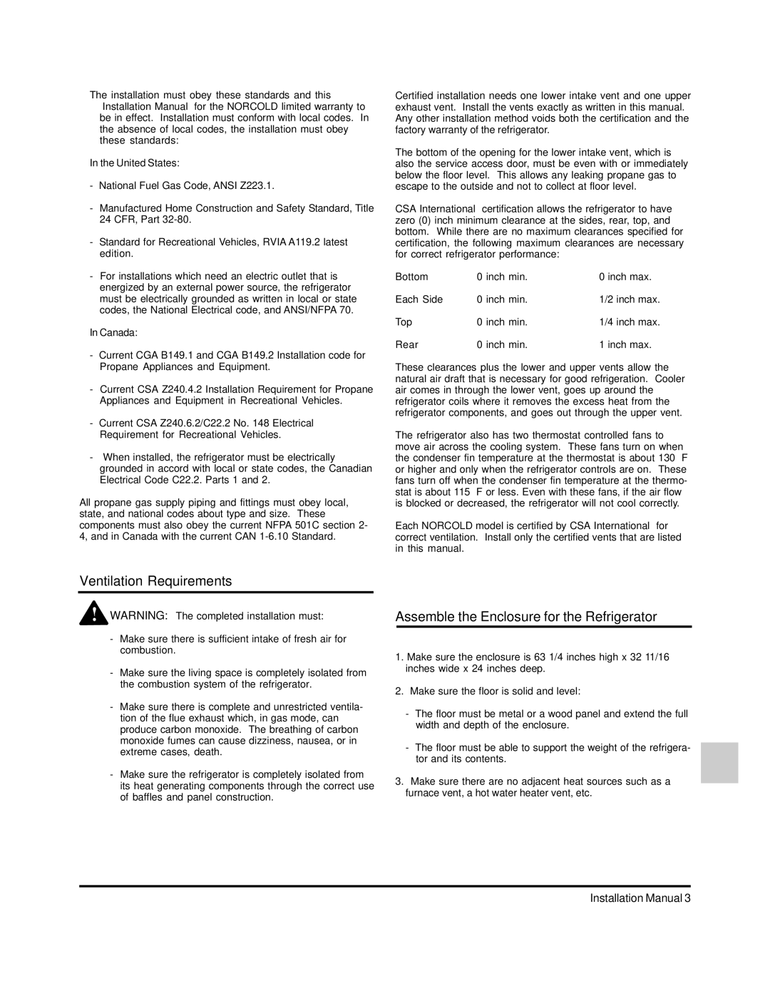 Norcold 120x installation manual Ventilation Requirements, Assemble the Enclosure for the Refrigerator 