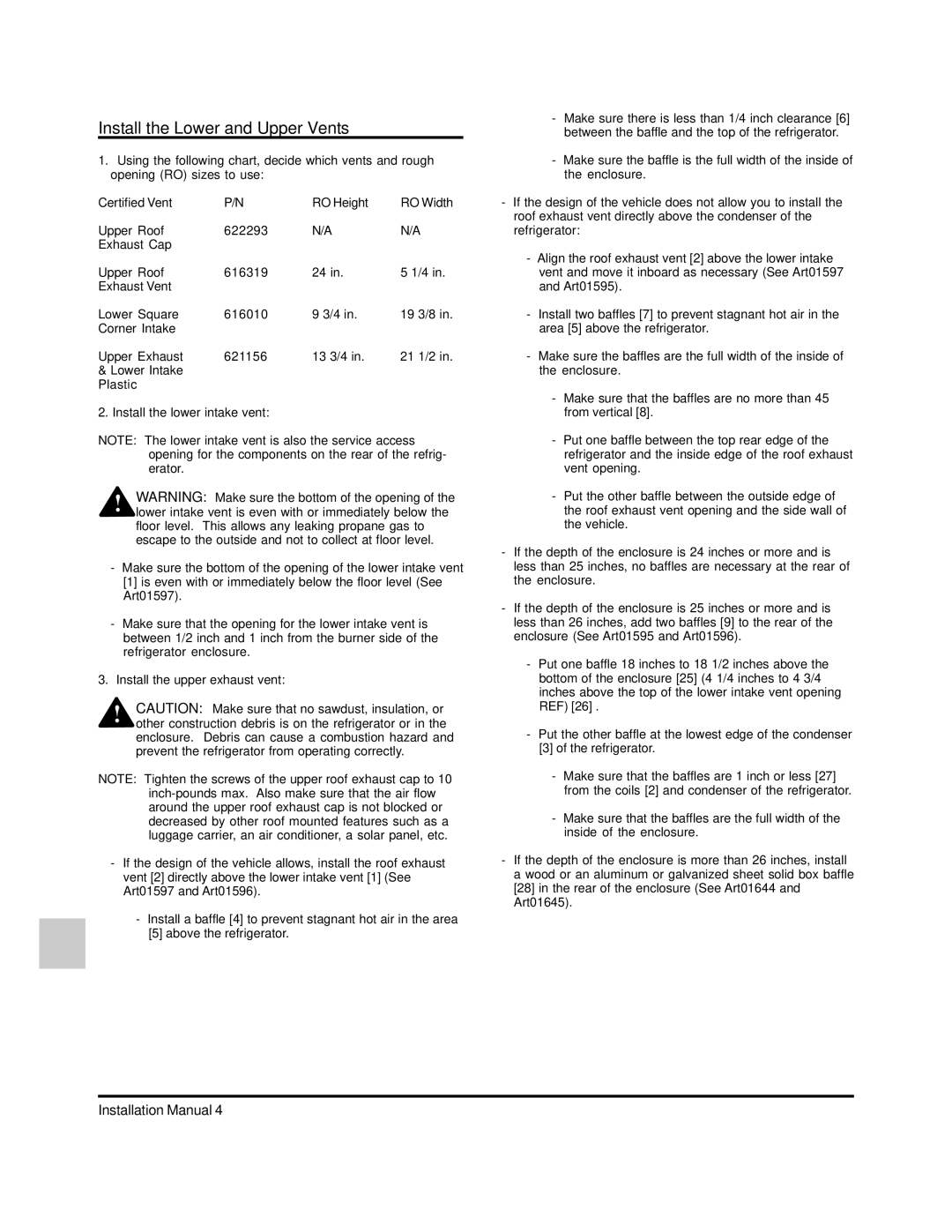 Norcold 120x installation manual Install the Lower and Upper Vents, Certified Vent RO Height 