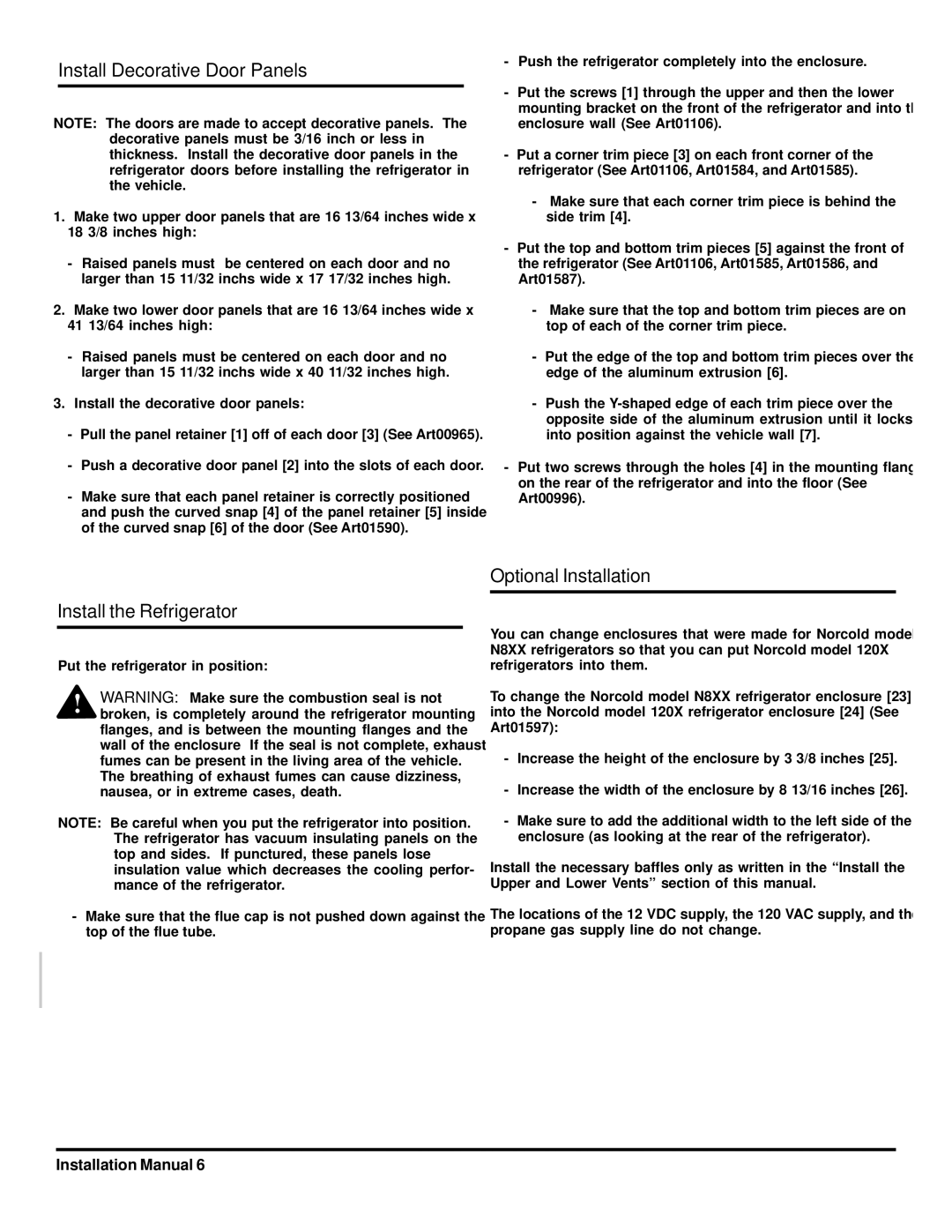Norcold 120x installation manual Install Decorative Door Panels 