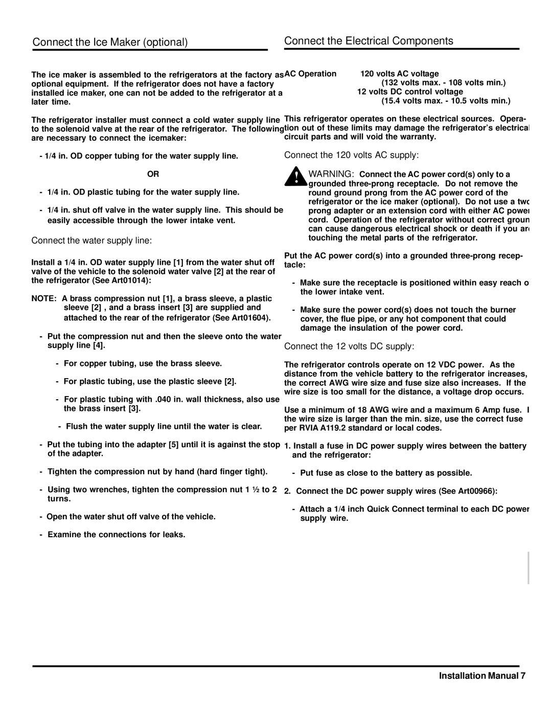 Norcold 120x installation manual Connect the water supply line 