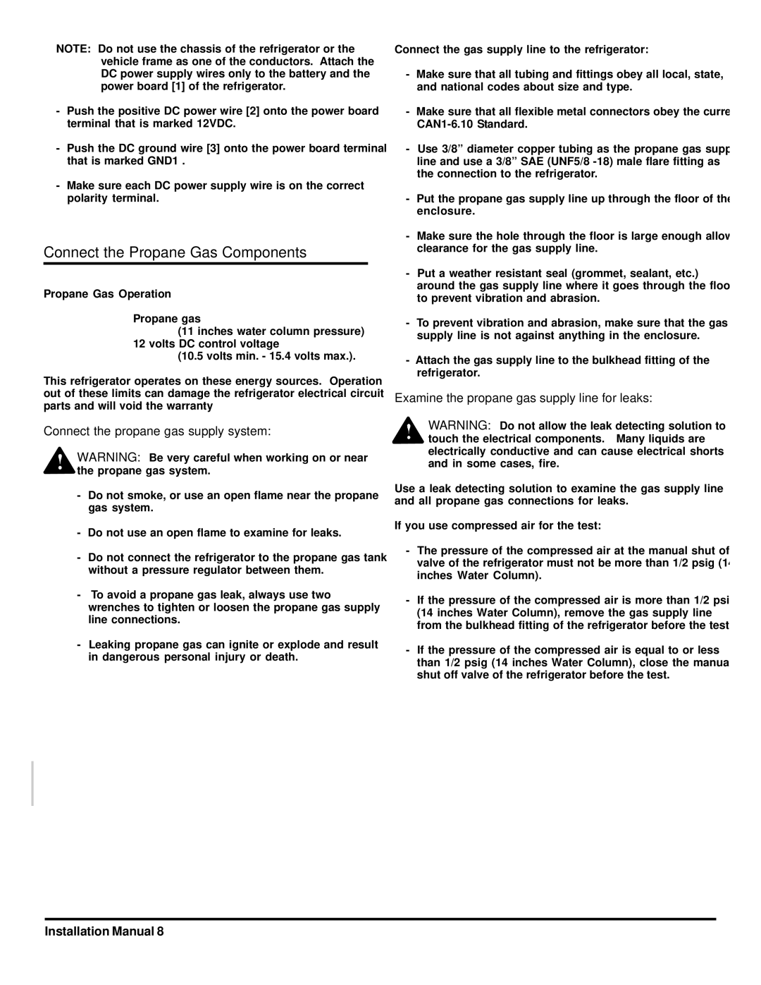 Norcold 120x installation manual Connect the Propane Gas Components 