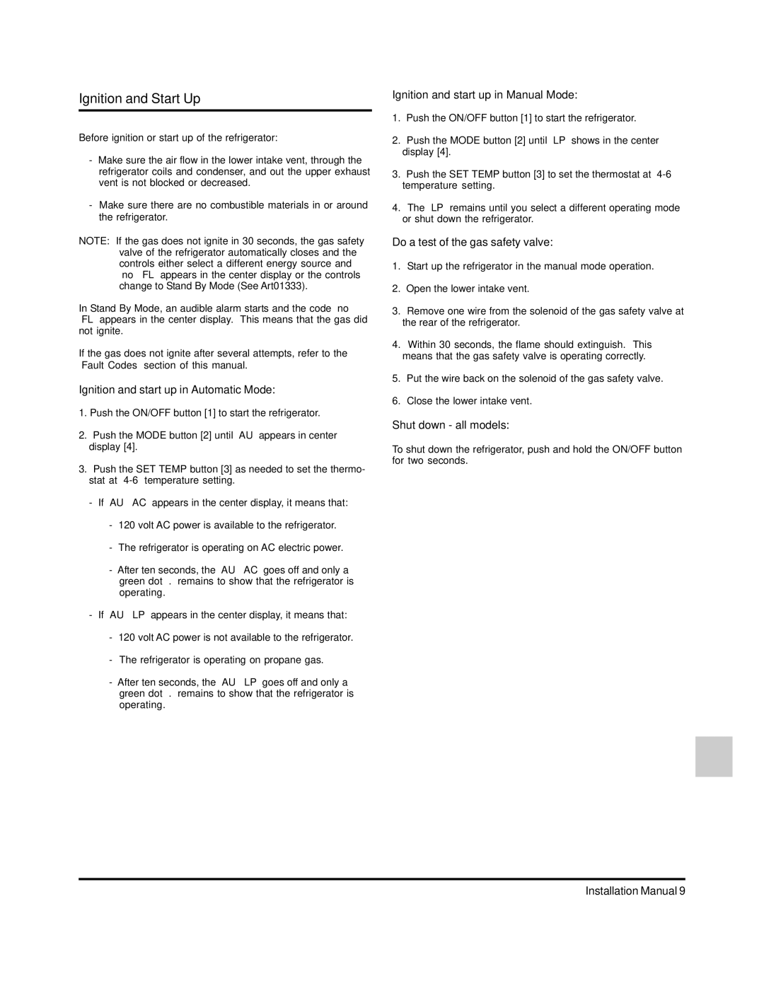 Norcold 120x installation manual Ignition and Start Up, Ignition and start up in Automatic Mode 