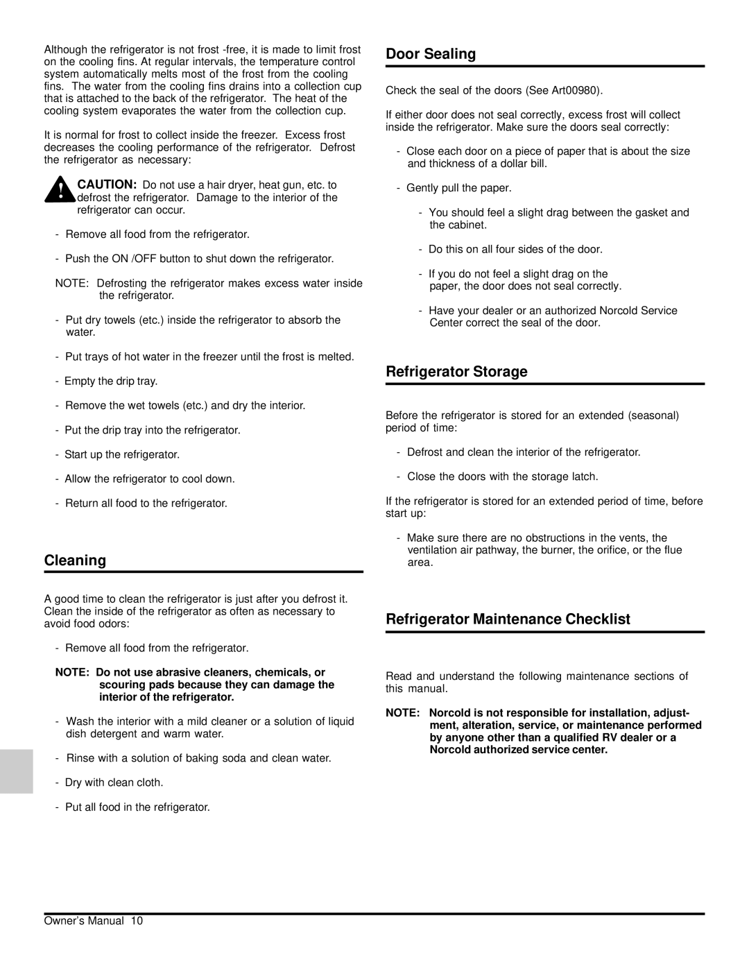 Norcold 120x owner manual Cleaning, Door Sealing, Refrigerator Storage, Refrigerator Maintenance Checklist 