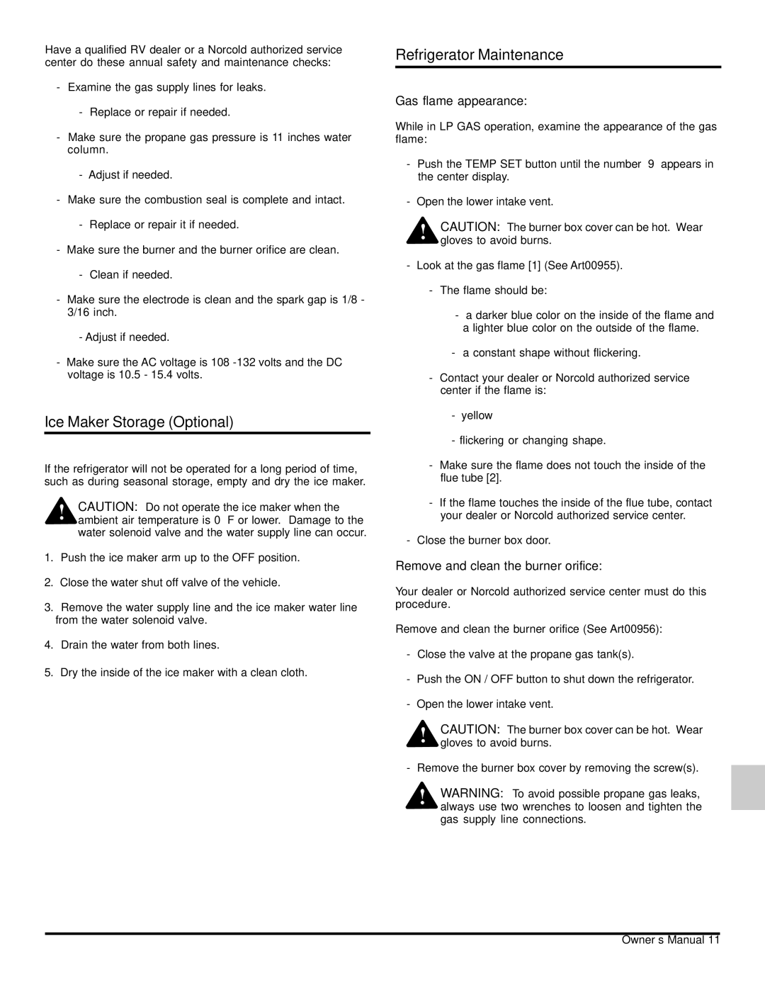 Norcold 120x owner manual Ice Maker Storage Optional, Refrigerator Maintenance, Gas flame appearance 