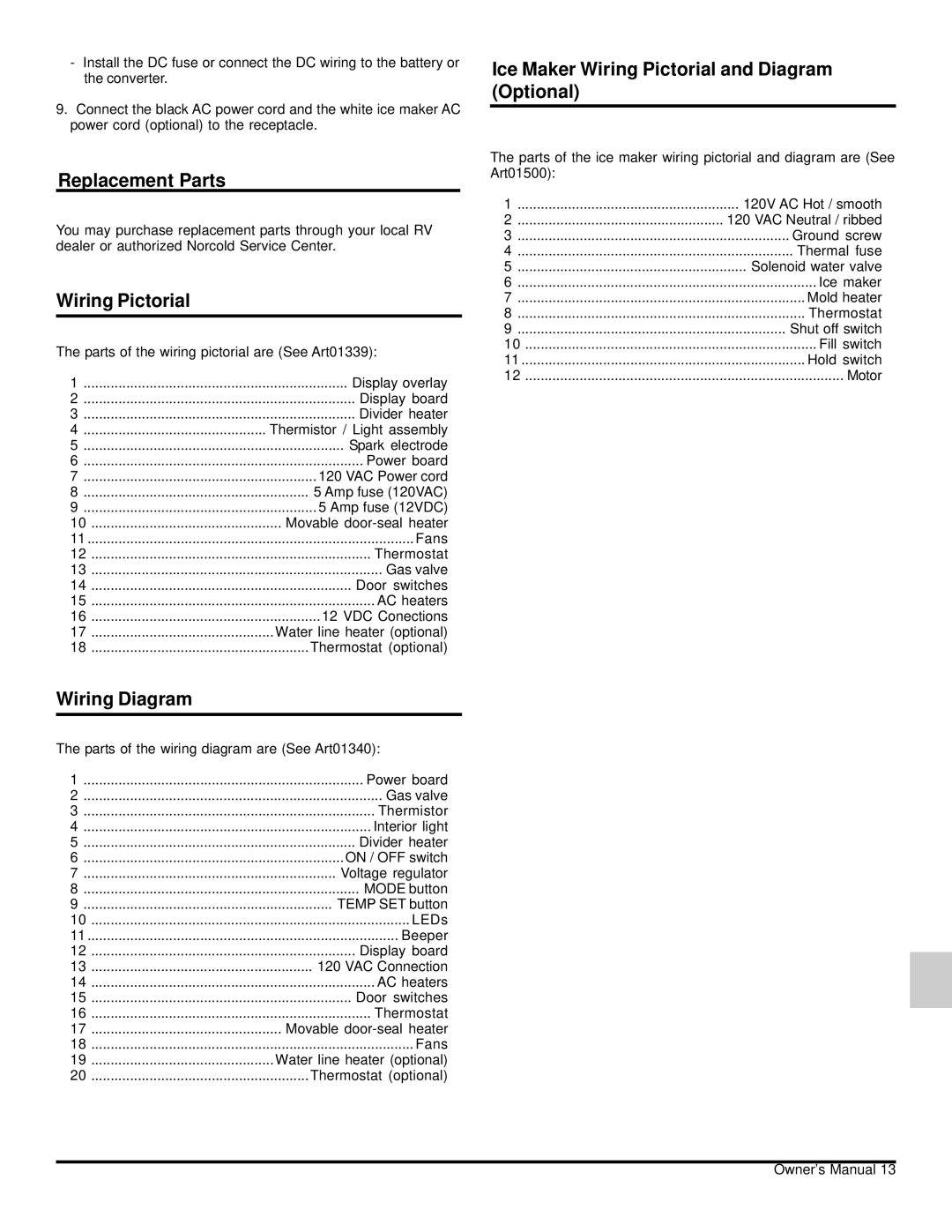 Norcold 120x owner manual Replacement Parts, Wiring Diagram, Ice Maker Wiring Pictorial and Diagram Optional 