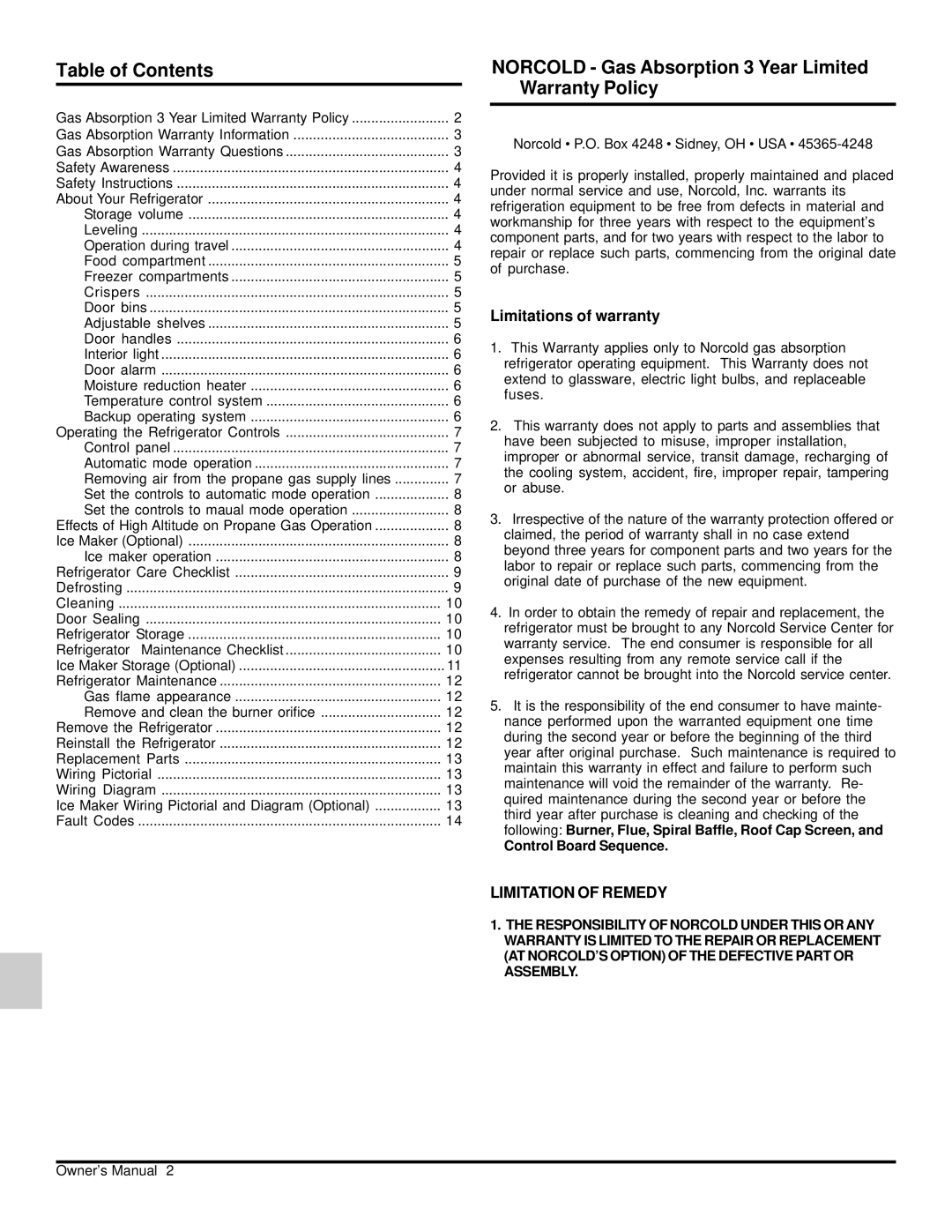 Norcold 120x owner manual Table of Contents, Norcold Gas Absorption 3 Year Limited Warranty Policy 
