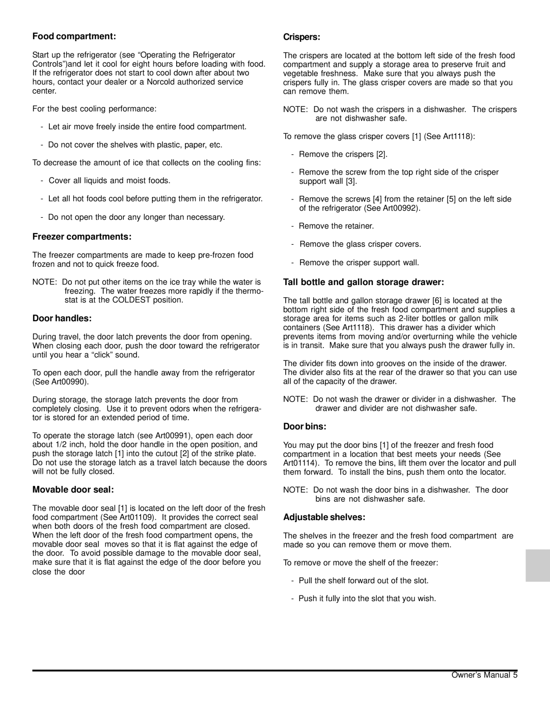 Norcold 120x owner manual Food compartment, Freezer compartments, Door handles, Movable door seal, Crispers, Door bins 