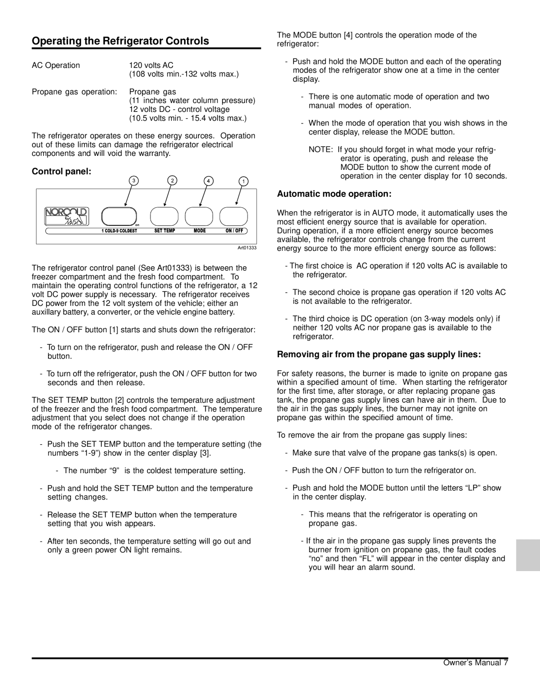 Norcold 120x owner manual Operating the Refrigerator Controls, Control panel, Automatic mode operation 