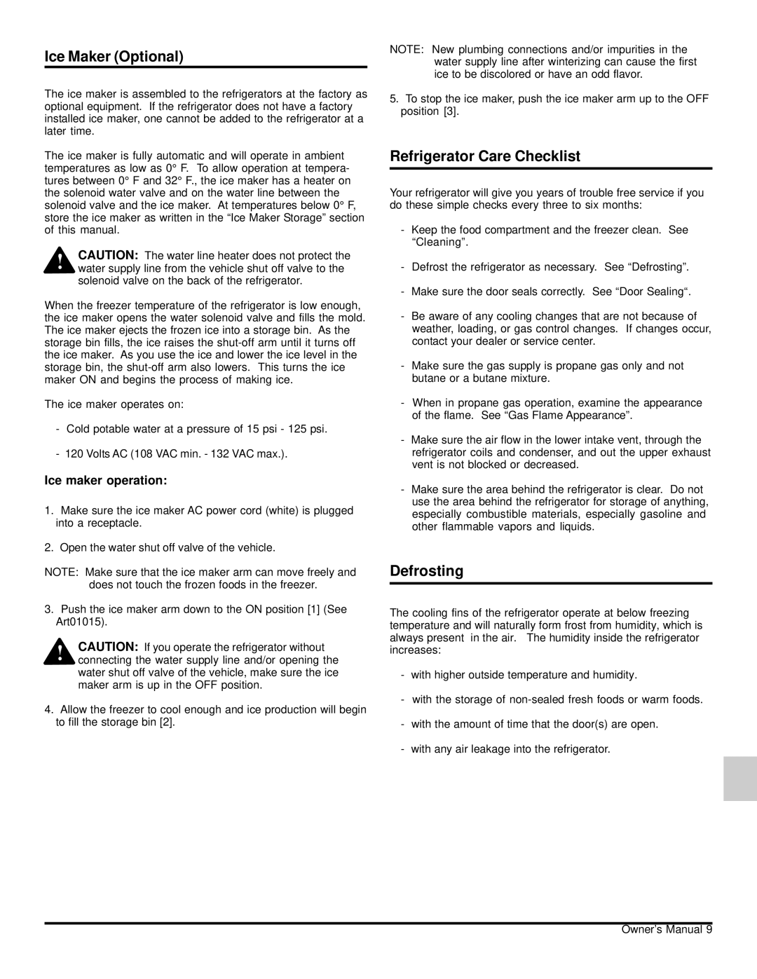 Norcold 120x owner manual Ice Maker Optional, Refrigerator Care Checklist, Defrosting, Ice maker operation 