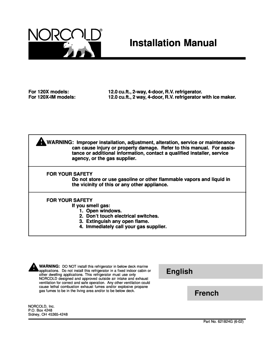 Norcold 120x installation manual Installation Manual, English, French 