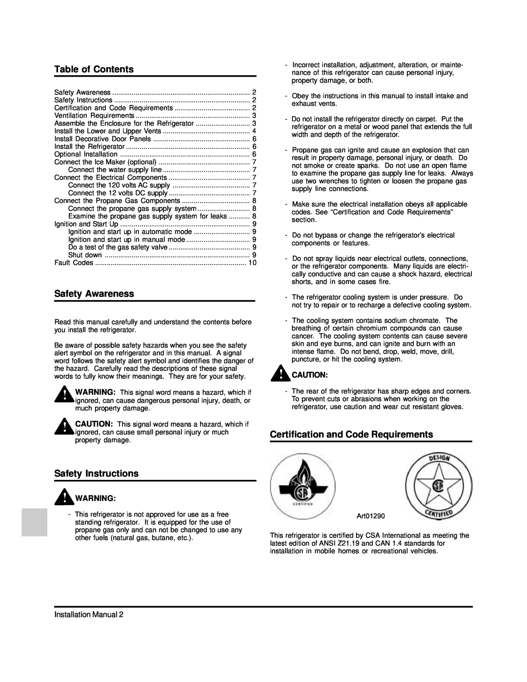 Norcold 120x Table of Contents, Safety Awareness, Safety Instructions, Certification and Code Requirements 