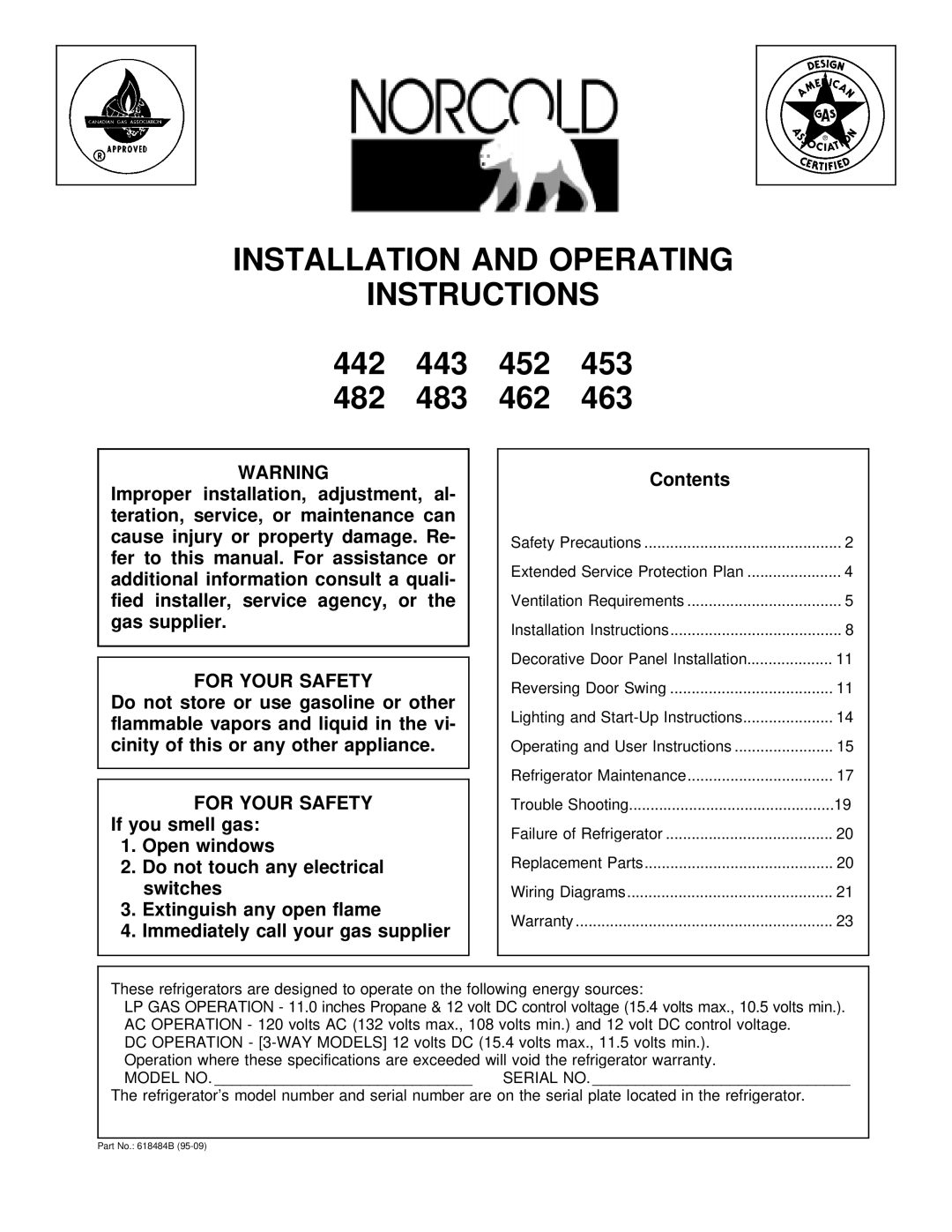 Norcold 463, 483, 453, 482, 443, 462, 452, 442 specifications Installation and Operating Instructions, For Your Safety 